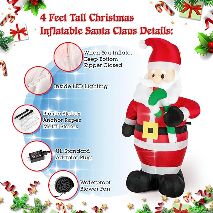 Christmas Inflatable Snowman/Nutcracker/Santa Claus Lighted Blow Up Christmas Yard Decoration with Built in Fan and Anchor Ropes (4FEET Santa)