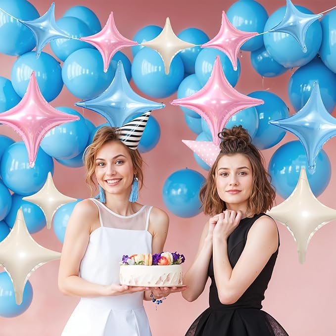 Pink Blue White Star Balloons,12Pcs Four Angle Star Foil Balloons,26Inch and 10Inch Pink Blue Cream White Quadrangle Helium Balloon for Birthday Baby Shower Gender Reveal Party Decorations