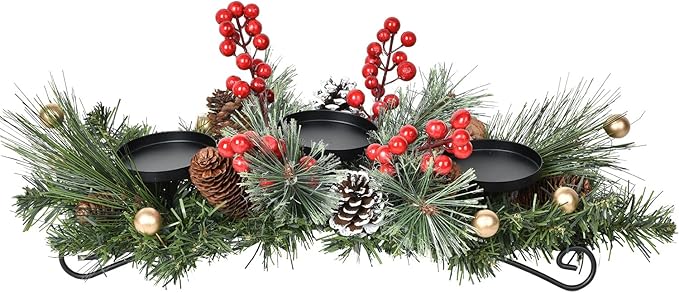 DearHouse Christmas Candle Holder Centerpiece, Pine Cones and Red Gold Berry Table Centerpiece with 3 Candle Holders Table Accent Centerpiece for Festival Home Decoration22 x10 x5(L x W x H)