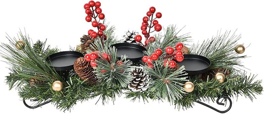 DearHouse Christmas Candle Holder Centerpiece, Pine Cones and Red Gold Berry Table Centerpiece with 3 Candle Holders Table Accent Centerpiece for Festival Home Decoration22 x10 x5(L x W x H)