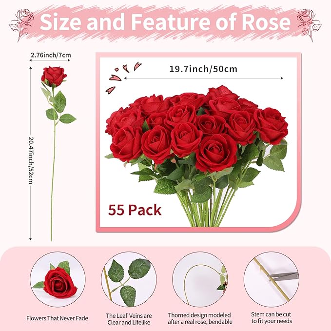 52 PCS Red Artificial Roses Bulk, Fake Artificial Flowers Bridal Bouquet Silk Faux Rose with Stems for Wedding Flowers Decoration, Valentine's Day, Bridal Bouquet, Anniversary, Home Decor (52PCS)