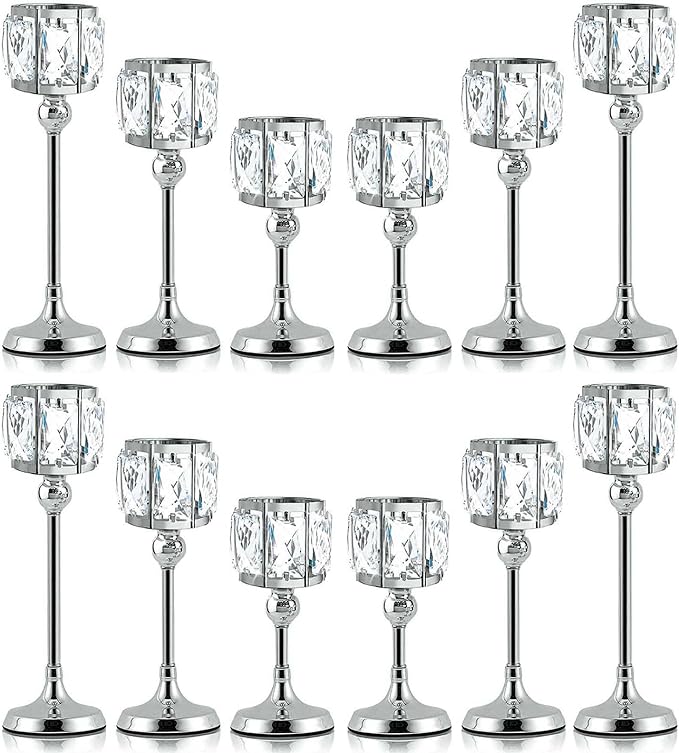 Set of 3 Cup Crystal Tealight Candle Holders, Centerpieces for Table Wedding Centerpieces Crystal Decorative Tealight Candle Dining Table Candle Holder Decor for Party (Set of 12 (3 Sizes), Silver)