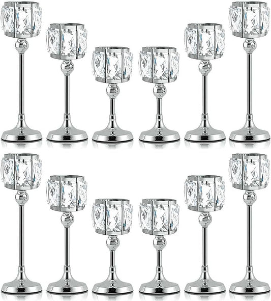 Set of 3 Cup Crystal Tealight Candle Holders, Centerpieces for Table Wedding Centerpieces Crystal Decorative Tealight Candle Dining Table Candle Holder Decor for Party (Set of 12 (3 Sizes), Silver)