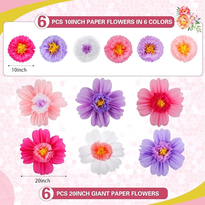 Crowye 12 Pcs Large Colorful Tissue Paper Flowers Decorations 20" Giant Fiesta Crepe Paper Flowers for Wall Decor Backdrop Mexican Wedding Birthday Baby Shower Carnival Party Craft (Bright Color)