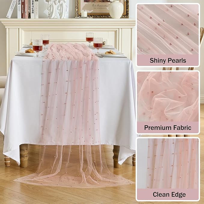 Fanami 6 Pack Pearl Table Runner -10FT Dusty Pink Boho Tulle Table Runners 120 Inches Long Rustic Sheer Lace Fabric Centerpieces for Wedding Arch Birthday Party Bridal Veil Baby Shower Decorations
