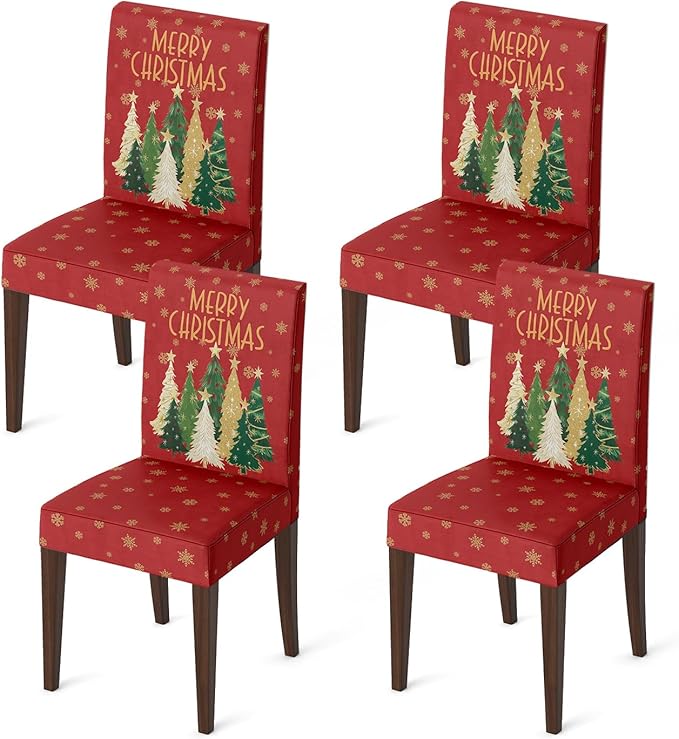 Horaldaily 4PCS Christmas Dining Red Chair Covers, Christmas Pine Tree Stars Stretch Removable Washable Slipcover Chair Protector for Dining Room Home Decor