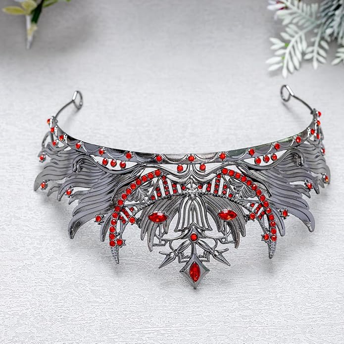 Gothic Red Crystal Flame Wing Tiara Crown for Women Girls, Halloween Cosplay Dark Queen Headpiece, Vintage Rhinestone Headband for Masquerade Party Wedding Prom Stage Accessories