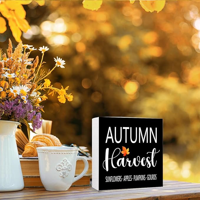 Funny Autumn Wood Box Sign Autumn Harvest Wooden Block Desk Decor for Home Office Kitchen Cubicle Table Shelf Tabletop,Farmhouse Fall Sign Decor
