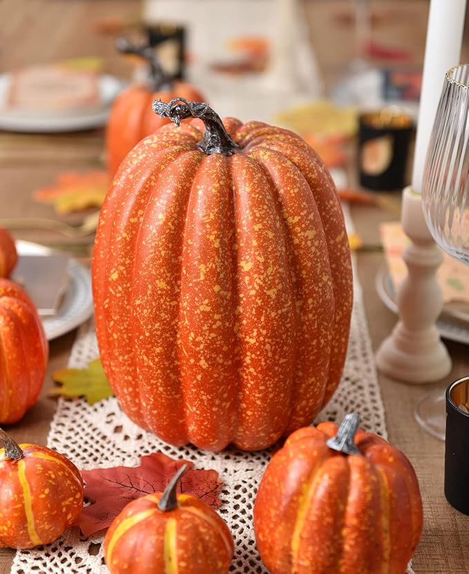 Lvydec Artificial Pumpkins Set Harvest Decoration, 7pcs Assorted Size Orange Pumpkins Realistic Large Pumpkins for Halloween Thanksgiving Autumn Festive Party Supplies (Orange)