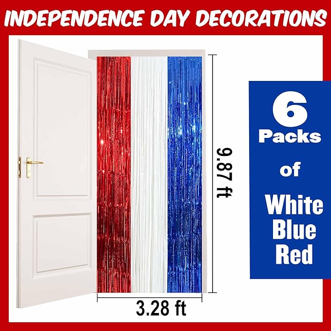 6 Pack White Blue Red Foil Fringe Curtains Backdrop, 3.28 x 9.8 Ft Metallic Streamers Tinsel Curtains Background for Photo Booth, Birthday, Halloween, Christmas, New Year Party Decorations