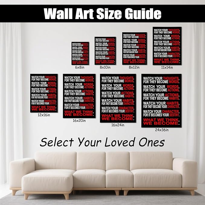 Watch Your Thoughts Motivational Wall Decor, Inspirational Wall Art for Office & Home, Positive Quotes Canvas Prints Ready to Hang, Modern Office Wall Art for Living Room or Bedroom Decor