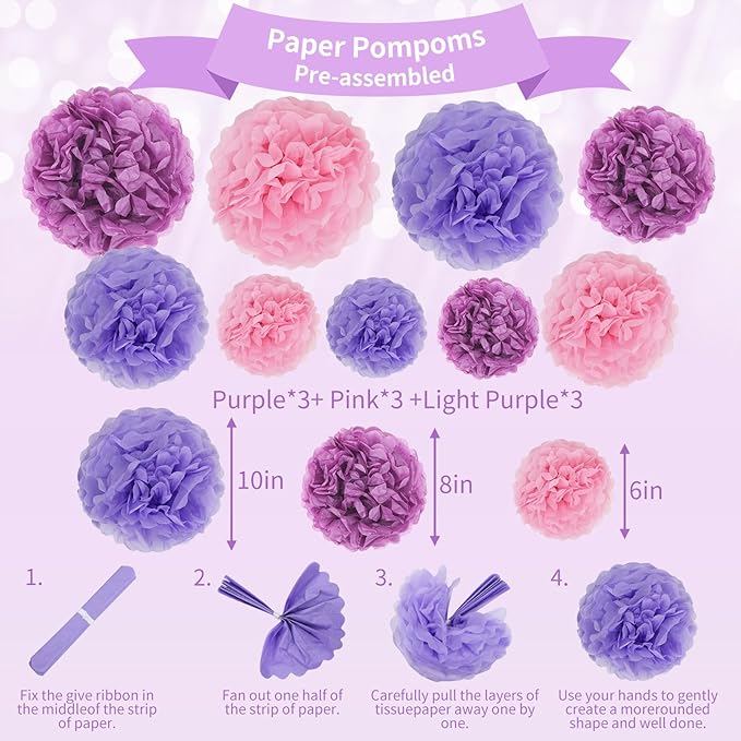 RUBFAC Purple Pink Birthday Party Decorations Set With Happy Birthday Banner, Tissue Paper Pompoms, Tassel Garland, and Circle Dots Garland for Women Girls
