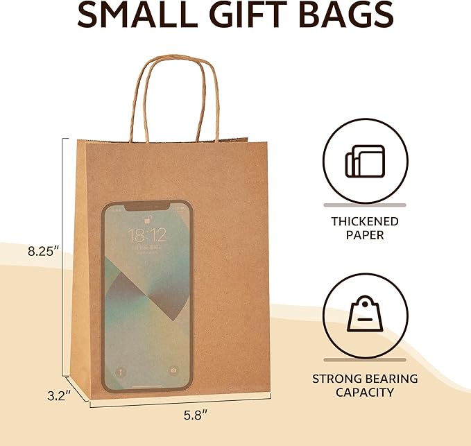 YEEHAW Brown Paper Bags with Handles Bulk 5.8"x3.2"x8.25" 50Pcs Gift Bags Small Size, Brown Kraft Bag with Handles Bulk, Bags for Retail, Party, Shopping, Merchandise