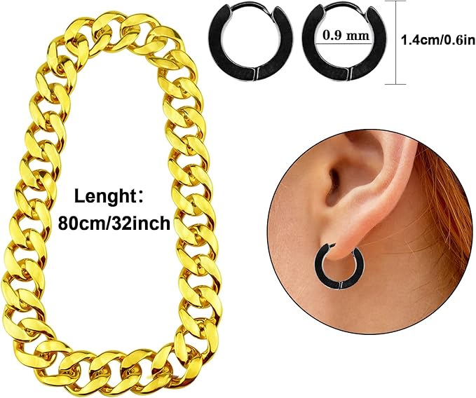 5 Pack 80s 90s Hip Hip Costume Outfit Kit Bucket Hat Fake Gold Chain Sunglasses Dollar Sign Finger Ring Earring Hoop for Men Women Punk Rapper Jewelry Accessories