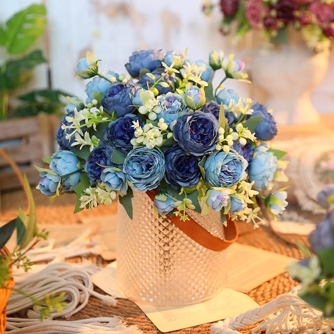 Floweroyal 4 Bunches Peony Artificial Flowers Teal Blue Flowers Silk Peonies Bouquets for Wedding Party Table Centerpieces Floral Arrangement Home Kitchen Decor