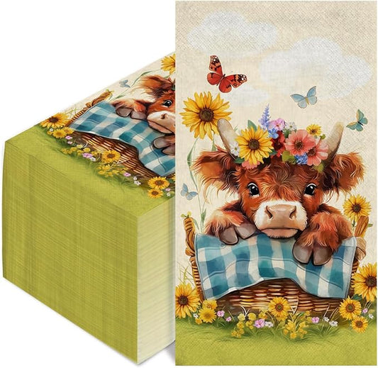 100 Pcs Highland Cow Napkins Fall Disposable Hand Towels for Bathroom Kitchen Cute Highland Cow Thanksgiving Decorative Napkins for Farmhouse Autumn Harvest Party Decor