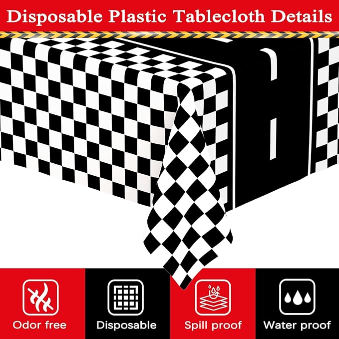 WNINK 6 Pack Race Car Table Cloth Black and White Gingham Tablecloths Disposable Plastic Buffalo Check Tablecloth Checkered Flag Covers for Birthday, Outdoor Picnic, Birthday, Camping 54 × 108 Inch