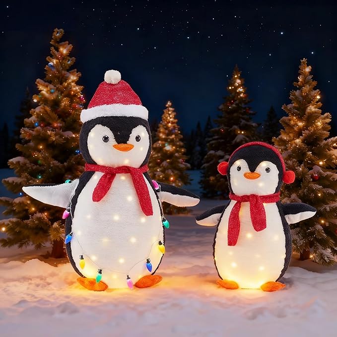 DUMOS 2-Piece Lighted Penguin Family Outdoor Christmas Decoration, Pop up Holiday Decor with 150 LED Lights for Yard, Garden, Storefront, Red