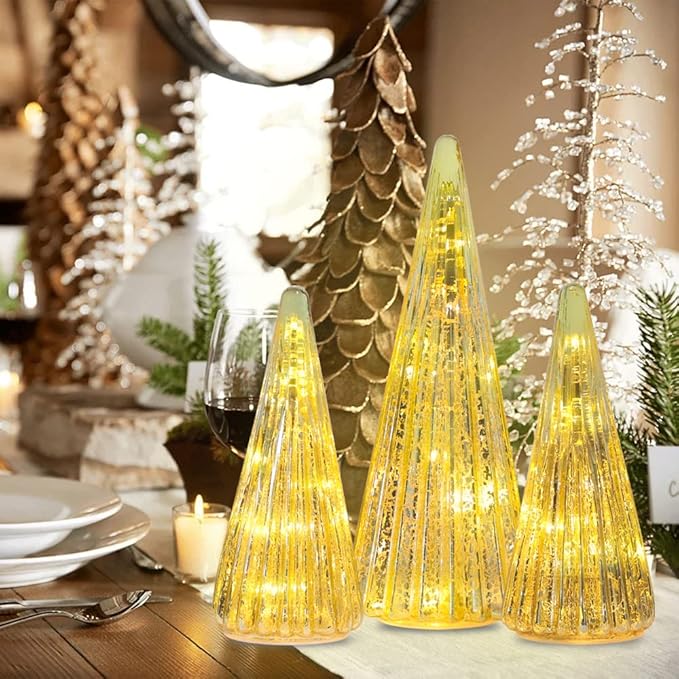 YEAHOME Christmas Decorations Indoor, 3 Pack Pre-lit Gold Glass Christmas Tree Home Decor, Christmas Table Decorations Lighted Xmas Tree with Timer for Living Room Fireplace Tabletop Party