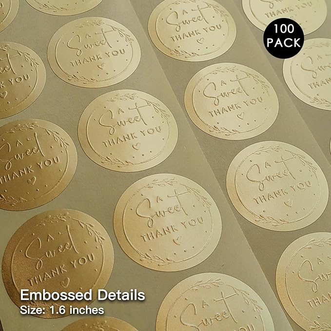 100 x A Sweet Thank You Stickers – Embossed Gold Matte Labels – Round Wedding Favor Stickers for Dessert, Candy & Snack Bags – Elegant Party Favor Seals, 1.6 Inch