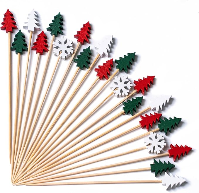 PuTwo Christmas Cocktail Picks 4.7 Inch 100pcs Bamboo Fancy Skewers Toothpicks for Appetizers Food Drink Fruit Sandwich BBQ Christmas Cocktail Party Charcuterie Boards Accessories Party Supplies