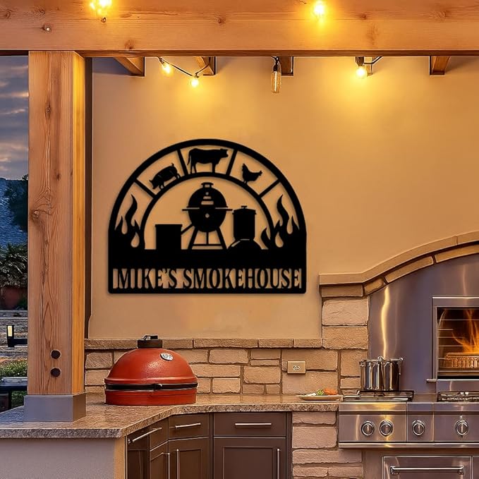 Custom Smokehouse Metal Sign, Personalized BBQ Grill and Smoker Plaque with Fire and Farm Animal Design, Outdoor Patio Yard Wall Decor for Barbecue Lovers, Rustic Christmas Birthday Gift