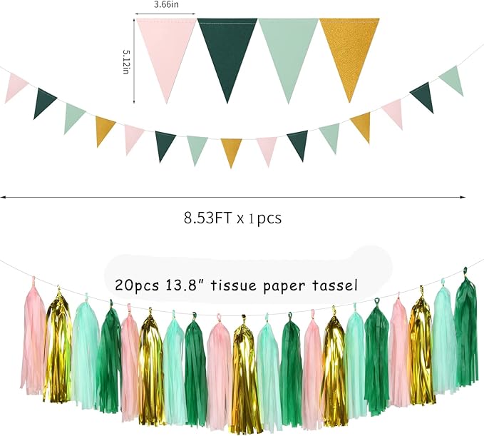 Sage-Green Pink Mint Gold Birthday Decorations - 31pcs Party Kits Happy Birthday Banner Flags,Tissue Paper Pom Poms,Circle Dots Garland,Tassel Streamers,40th 50th Women Men Birthday Decor Panduola