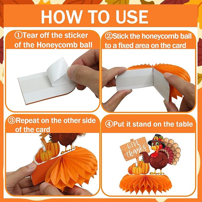 9PCS Thanksgiving Honeycomb Centerpiece Turkey Pumpkin Maple Leaves Honeycomb Thanksgiving Table Centerpiece for Thanksgiving Table Decoration Fall Autumn Theme Birthday Party Supplies