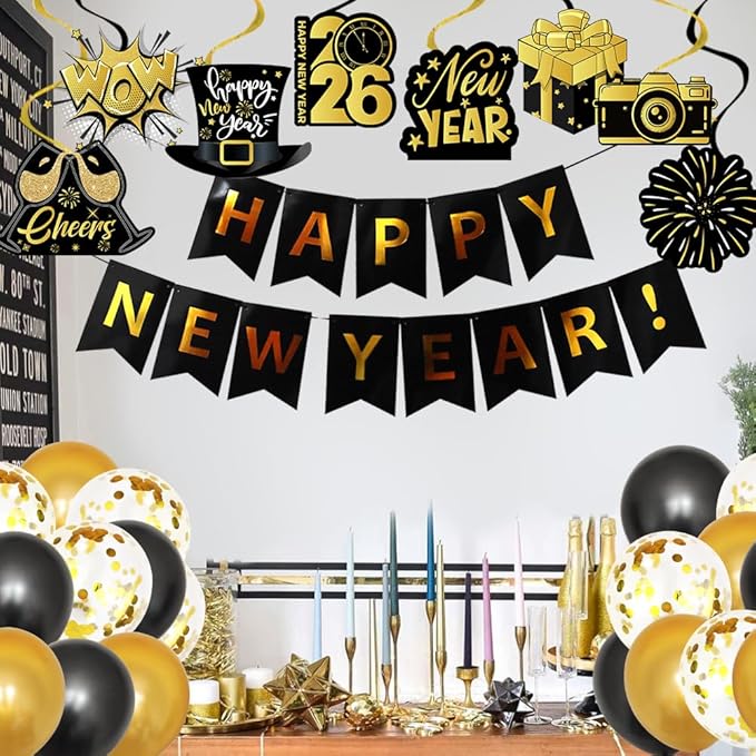 Happy New Year Decorations 2026, New Year Eve Party Supplies Decor Banner Headbands, Glasses, Hanging Swirl, 2026 Foil Balloons, Happy New Years Balloons, Fringe Curtain NYE Decorations