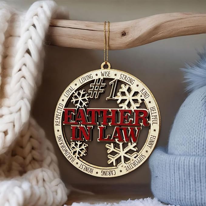 #1 Father-in-Law Wooden Christmas Ornament – Best Father-in-Law Holiday Tree Hanging Decoration, Rustic Xmas Gift with Snowflakes & Words