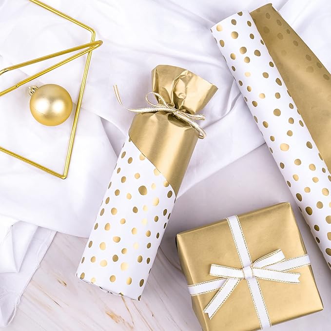 WRAPAHOLIC Reversible Wrapping Paper - Mini Roll - 30 Inch x 33 Feet - Gold Print and Delicate Polka Dot Wrapping Paper for Birthday, Holiday, Wedding, Baby Shower