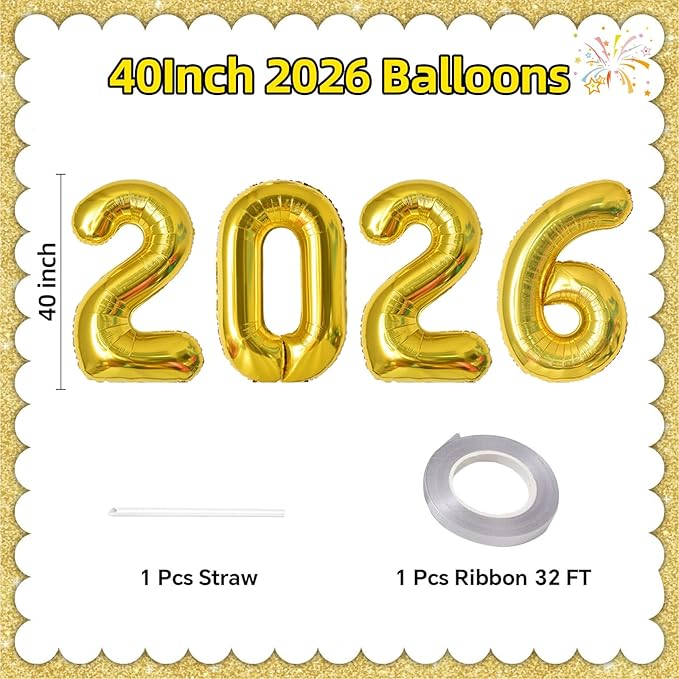 KALOR 42 Inch 2026 Gold Foil Mylar Number Balloons, Giant 2026 New Years Decorations for 2026 Happy New Year Eve and Graduations Party Supplies
