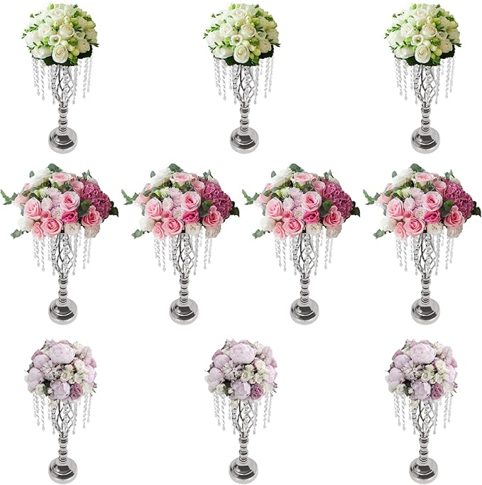 Wedding Centerpieces Gold Vases,10PCS Metal Flower Candle Holder with Sparkling Crystal Beads,Crystal Flower Vase Metal Flowers Stand for Party Tables Decorations (10pcs-Sliver-14cm)