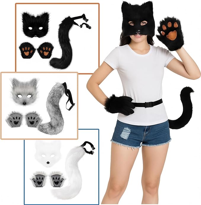 Fox Mask Wolf Fox Tail Cat Cosplay Set: Furry Mask + Paw Gloves + Tail, Ideal for Halloween & Themed Parties