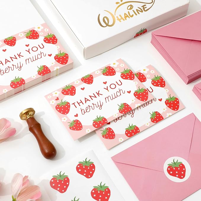 Whaline 50 Packs Strawberry Thank You Cards Red Pink Strawberry Flower Greeting Cards Blank Note Card Boxed with Envelopes and Stickers for Birthday Baby Shower, 4 x 6 Inch