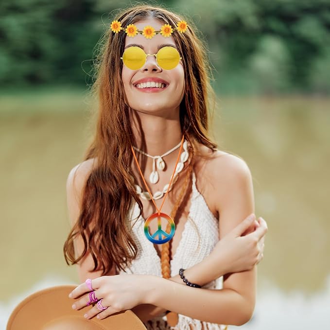 NEBURORA Hippie Costume Accessories Set 60s 70s Daisy Headband Peace Sign Necklaces Hippie Sunglasses for Carnival Party