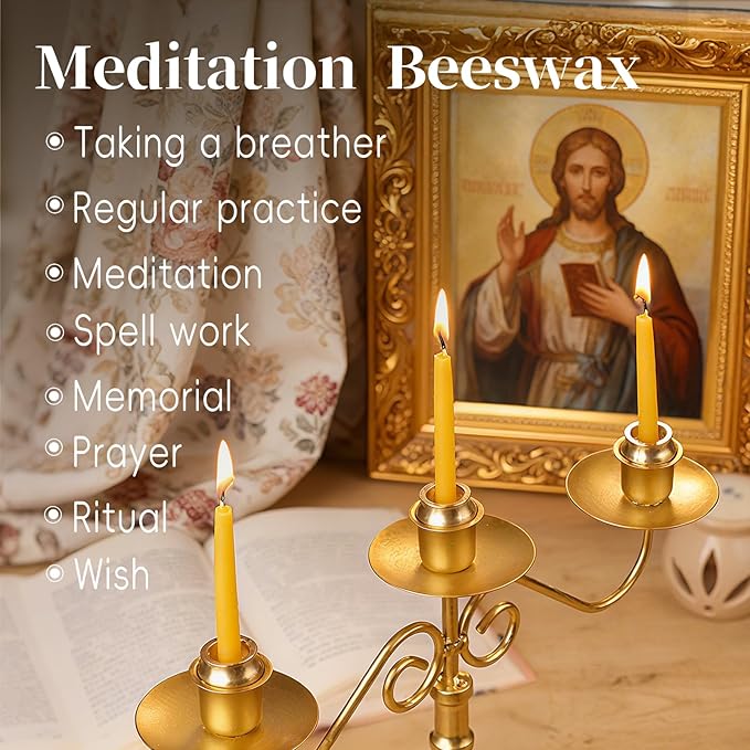 70Pcs Beeswax Candles 30 Minute Meditation Candles, Mini Taper Candles with Brass Candle Holders, Prayer Candle Gift for Yoga Relaxation