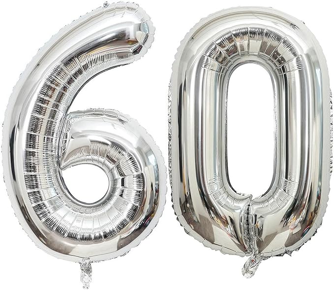 40 Inch Silver 60 Number Balloons Giant Jumbo Huge 60 Foil Mylar Helium Number Digital Balloons Silver Birthday Mylar Digital Balloons 60 Birthday Party 60th Anniversary Events Party Decorations