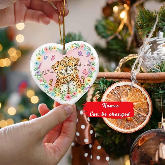 Leopard Couple First Christmas Together Ornament, Custom Names Anniversary Ceramic Ornament, Personalized Leopard Watercolor Floral Butterfly Ornaments, Sweet Animals Keepsake Gift for Husband Wife