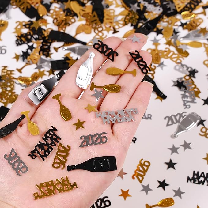 2026 New Years Confetti, 2.12 oz Shinny Metallic 2026 Happy New Year Stars Bottles Mixed Confetti for Tables 2026 New Year Decorations New Years Eve Party Supplies | Silver Black Gold