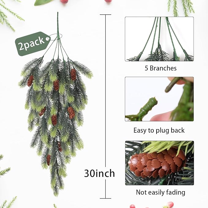 RECUTMS Artificial Christmas Teardrop Artificial Pine Branches with Pine Cones Green Plants Pines Needles Fake Hanging Plants Outdoors DIY Accessories for Christmas Home Garden Decor(Light Green)