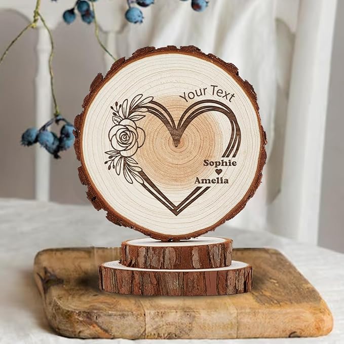 Personalized Rustic Wedding Cake Topper in Wood Custom Wedding Cake Topper with Names & Date Love Heart Shape Wooden Decorations Handmade Wood Slices Engarved with Couple Name Roses Flowers