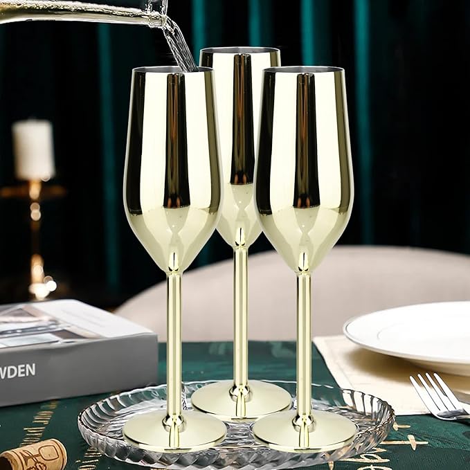 TJ Unbreakable 8 Oz Stainless Steel Champagne Flutes (4 Pack)- Gold Champagne Glasses - Reusable Indoor Outdoor Drinkware - Keeps Drink Cool for Longer - Gift Idea
