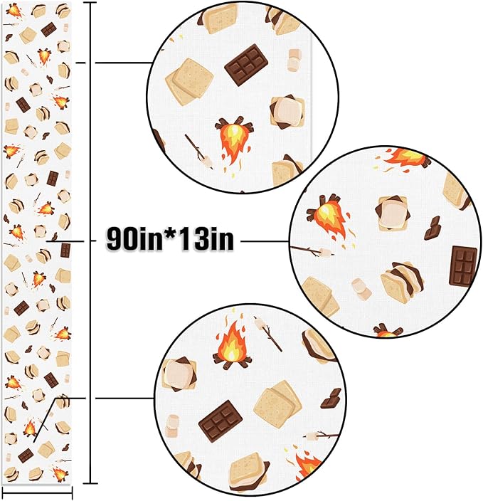 S'Mores Table Runner Bonfire Camping Party Decoration Dessert Birthday Dining Room Home Kitchen Table Decor (13" x 90")