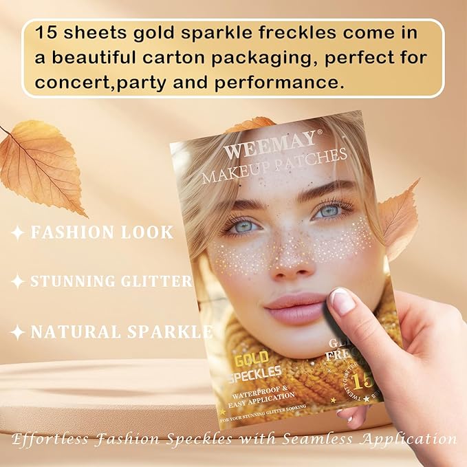15 Pcs Gold Glitter Freckles Face Tattoo, Gold glitter Freckles Makeup Patches, Waterproof Sparkle Freckles, Glitter Freckles Face Temporary Tattoos for Women