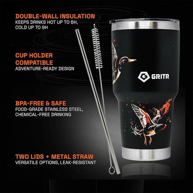GRITR Stainless Steel Tumbler – 20oz/30oz, Insulated & Leakproof, Hot or Cold Drinks Anywhere, Travel Tumbler with Straw and Lids for Coffee, Water & Smoothies