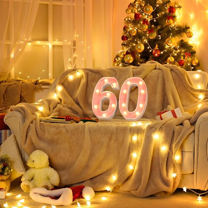 Marquee Light up Numbers 0-9, Battery Powered LED Light, Pink Glitter Plastic for 60th Birthday Decorations, Graduation Engagement Wedding Decor (Number 60)