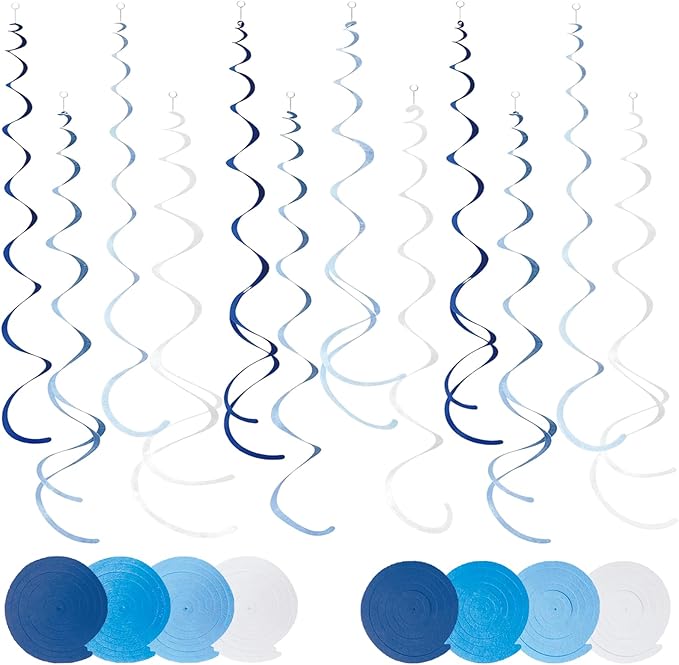 48 Pcs Blue Hanging Swirl Party Decorations Ombre Blue Felt Ceiling Spiral Streamers with Hooks for Birthday Wedding Baby Shower Graduation Party Supplies