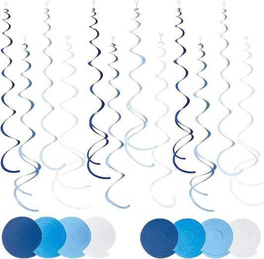 48 Pcs Blue Hanging Swirl Party Decorations Ombre Blue Felt Ceiling Spiral Streamers with Hooks for Birthday Wedding Baby Shower Graduation Party Supplies