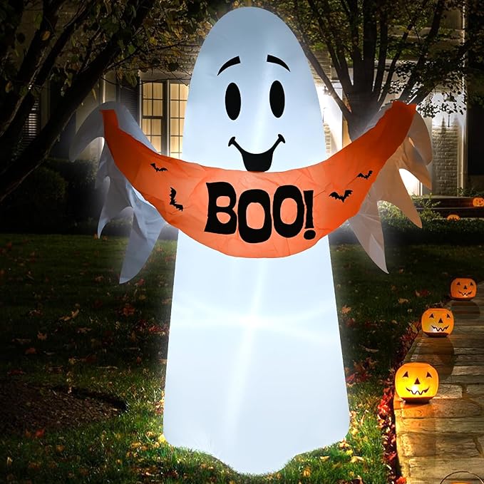 4FT White Ghost Holding a Boo Banner Halloween Inflatable Decoration Blow up Decor with LED Lights Indoor Outdoor Yard Graden Party Holiday Decor